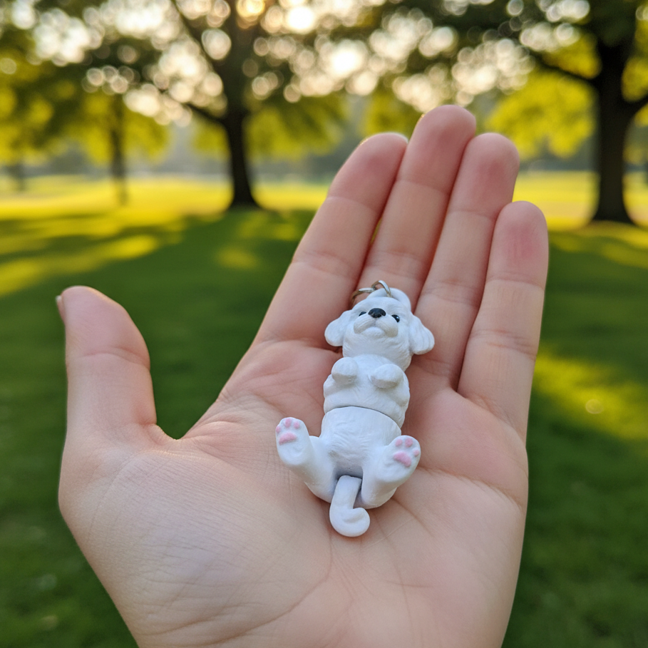 Brelok 3D przedstawiający śpiącego Maltańczyka w białym kolorze, trzymany w dłoni na tle zielonej trawy.