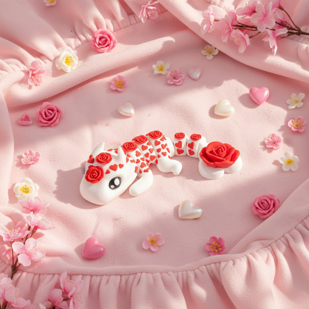 Figurka 3D Smok Roses ozdobiona różami i serduszkami, idealna na prezent, położona na różowym tle z kwiatami.