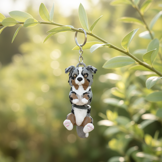 Breloczek w kształcie psa siedzącego, starannie wydrukowany w technologii 3D, z detalami w kolorach szaro-brązowych, zawieszony na zielonej gałęzi.