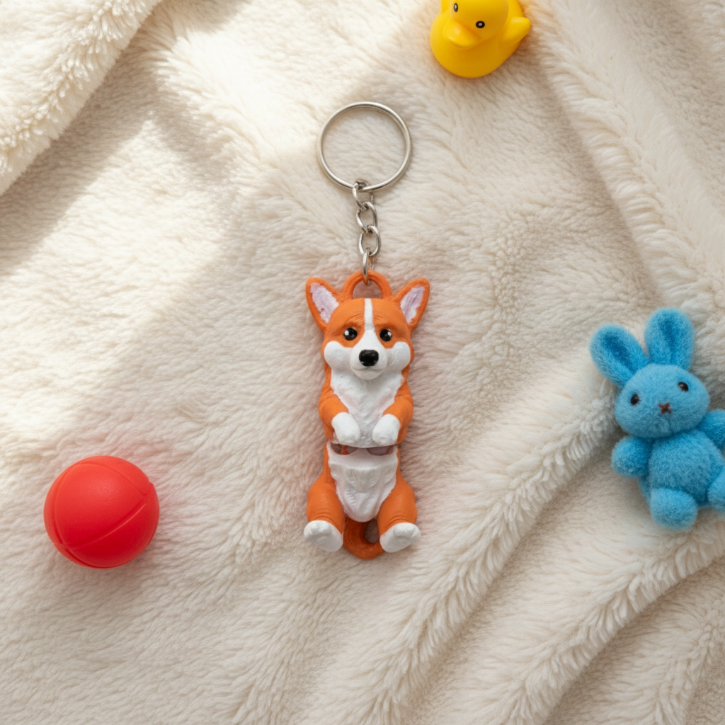 Brelok 3D w kształcie psa rasy Corgi na tle miękkiego materiału. Kolory: pomarańczowy i biały. Doskonały do kluczy lub jako ozdoba.