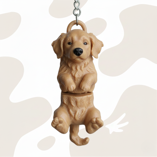 Beżowy brelok 3D przedstawiający uroczego szczeniaka rasy Golden Retriever, idealny jako ozdoba kluczy czy torby.