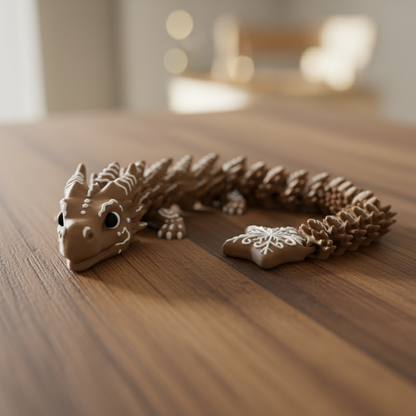 Piernikowy Smok Flexi o długości 46 cm, wykonany z brązowego materiału, z detalami piernikowymi, idealny jako dekoracja lub zabawka.