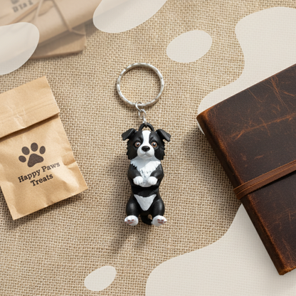 Brelok 3D w kształcie Border Collie, czarno-biały, idealny do kluczy i jako dekoracja, wykonany z ekologicznego materiału PLA.