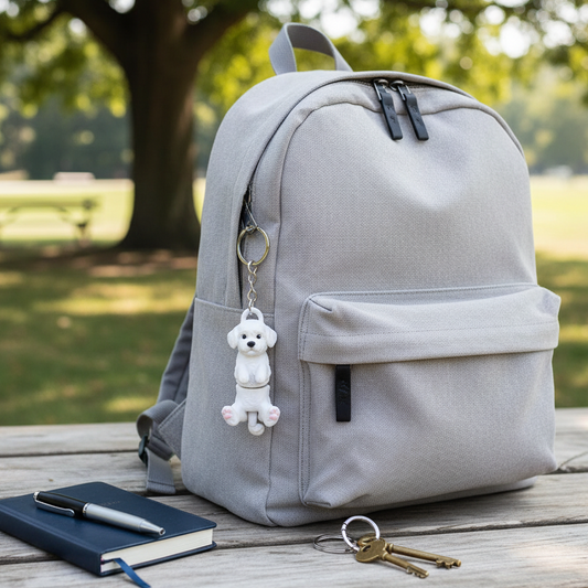 Brelok 3D w kształcie Maltańczyka, zawieszony na plecaku, z kluczami i notesem. Realistyczny, biodegradowalny materiał, idealny jako prezent.