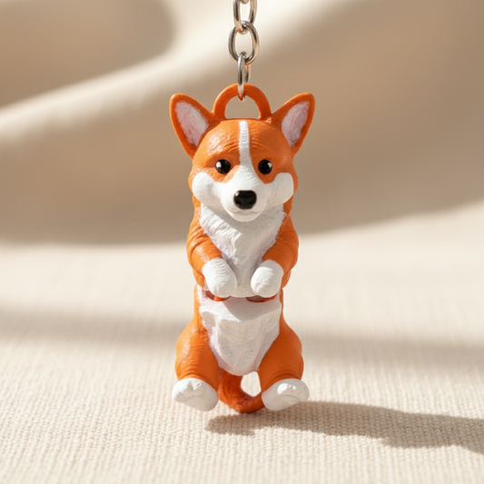 Brelok w kształcie psa rasy Corgi, kolor pomarańczowy i biały, wykonany w technologii druku 3D, zawieszony na kluczyku na tle jasnego materiału