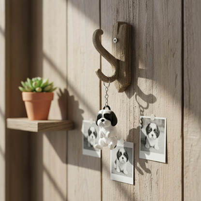 Brelok w kształcie Shih Tzu, zawieszony na haku, obok zdjęcia psów i rośliny, wykonany z PLA, długość ok. 9 cm