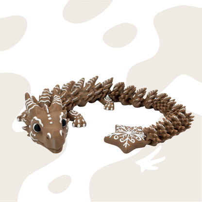 Piernikowy Smok Flexi o długości 46 cm, z ruchomymi segmentami, dekorowany motywami piernikowymi, idealny jako ozdoba lub zabawka.