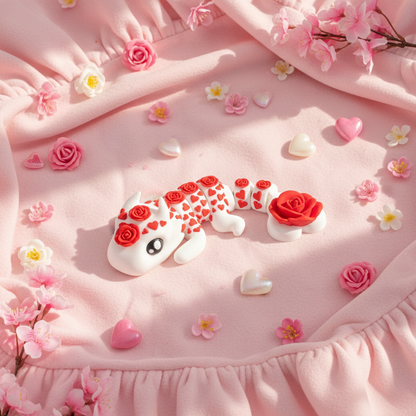 Figurka 3D Smok Roses ozdobiona różami i serduszkami, idealna na prezent, położona na różowym tle z kwiatami.