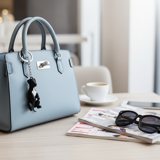 Brelok w kształcie Dog Niemiecki zawieszony na torebce, prezentujący wysoką jakość druku 3D i detaliczność wykonania, idealny dla miłośników psów.