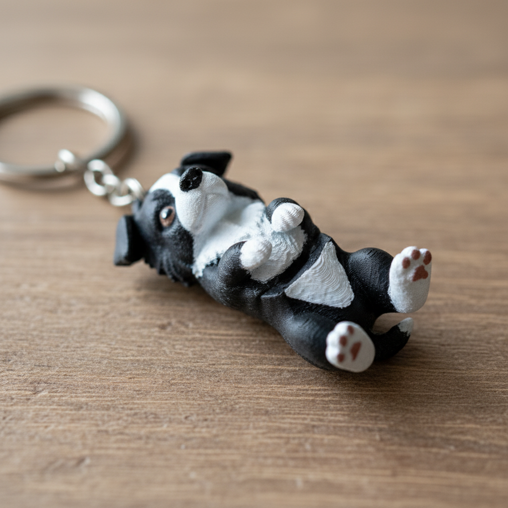 Stylowy brelok 3D w kształcie Border Collie, charakteryzujący się czarno-białym umaszczeniem, doskonały jako ozdoba do kluczy lub jako prezent.