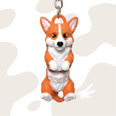 Kolorowy brelok w kształcie psa rasy Corgi, wykonany w technologii druku 3D, doskonały do kluczy lub torebki