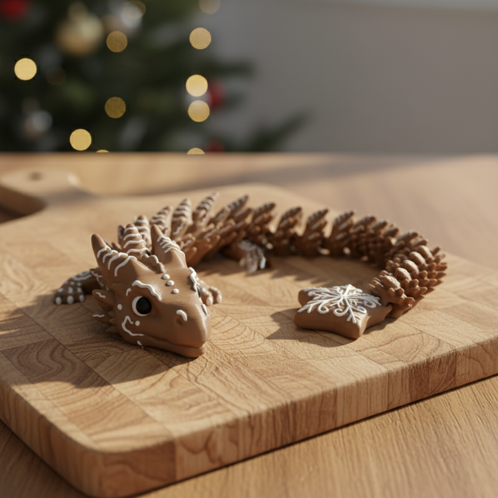 Piernikowy Smok Flexi o długości 46 cm, wykonany z detali przypominających piernik, idealny jako ozdoba lub zabawka, na drewnianym tle.